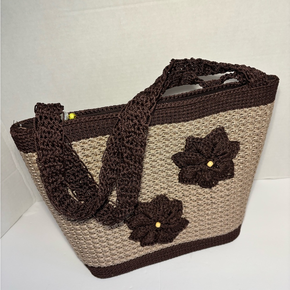 Crocheted Shoulder Bag Purse Floral Handmade FloralPrint Lining Inside ZipPocket